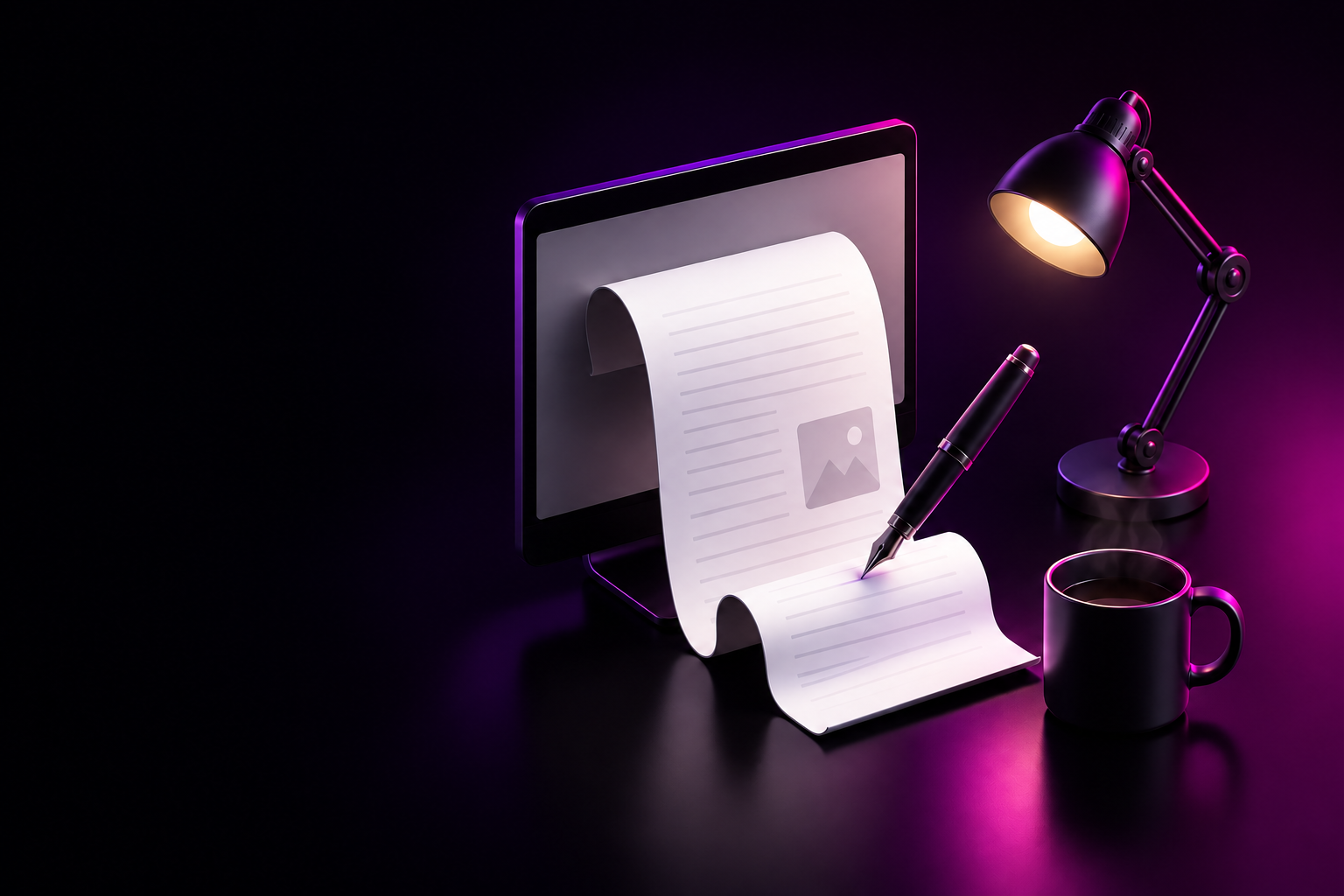 Premium copywriting workspace with manuscript, pen, lamp, and coffee